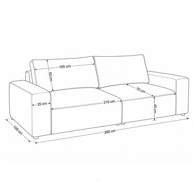 Modulaire bank Iskeli 260 cm – maatschets met breedte, diepte, zitting en rugkussens