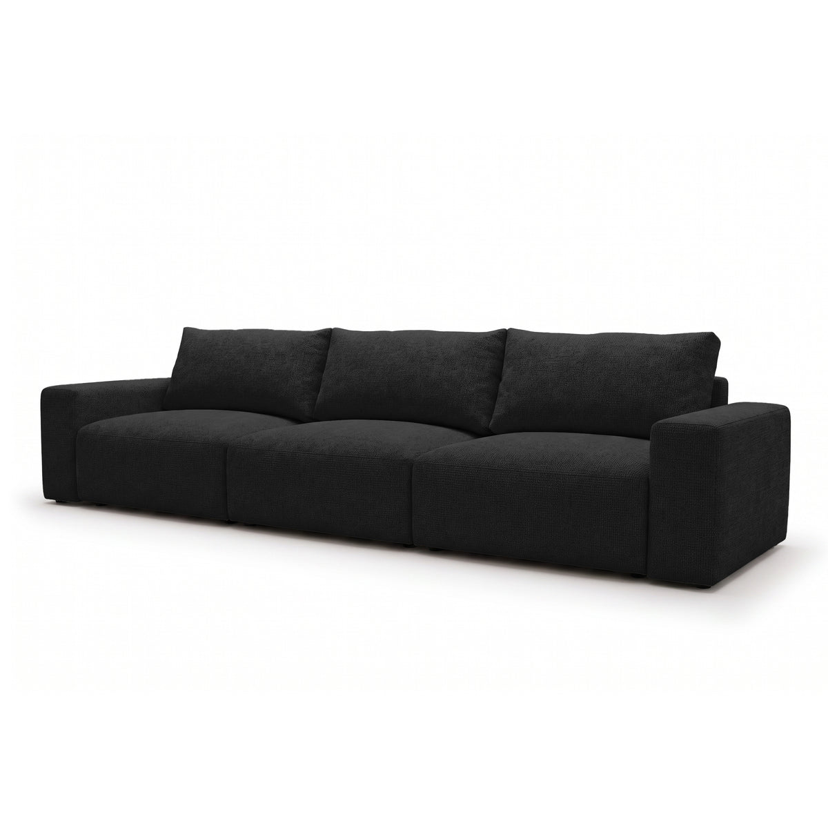 Modulaire bank Iskeli Plus 361 cm Ravenzwart (ARAGON 99), schuin aanzicht – bank met slaapfunctie in Aragon-stof