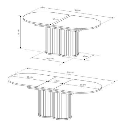 Llovia Extendable Dining Table 180–220x76 cm, Modern Style – dimensions drawing