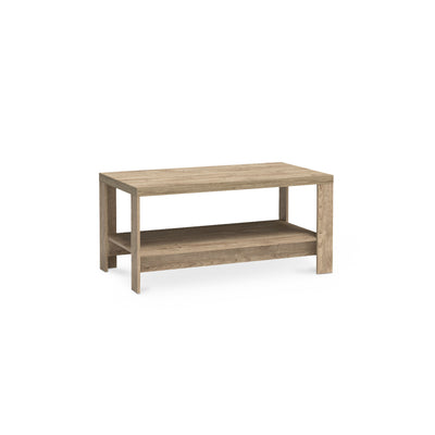 Salontafel Korin 120x57 in eiken – rechthoekige salontafel met onderplank, schuin aanzicht