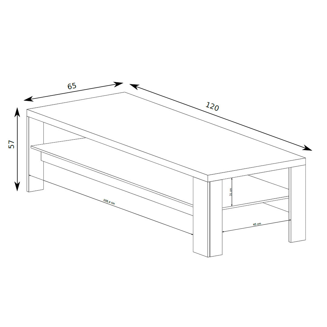 Salontafel Korin 120x57 – maattekening met breedte, hoogte en diepte