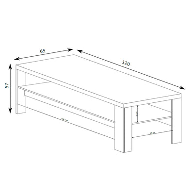Salontafel Korin 120x57 – maattekening met breedte, hoogte en diepte