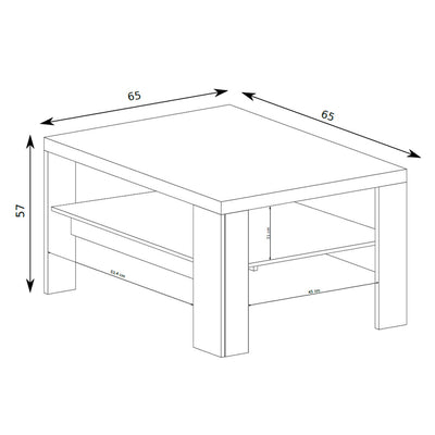 Salontafel Korin 65x57 – maattekening met breedte, hoogte en diepte