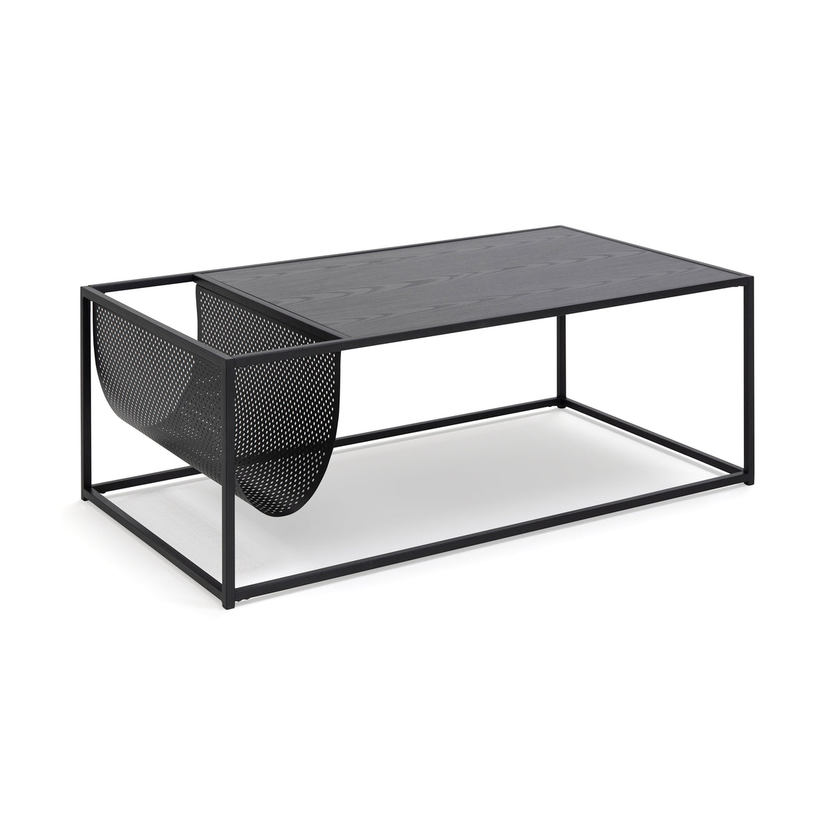 Skeleto-salontafel 110x60 met tafelblad in zwarte essenhoutlook, schuin gezien – salontafel met vak voor kranten