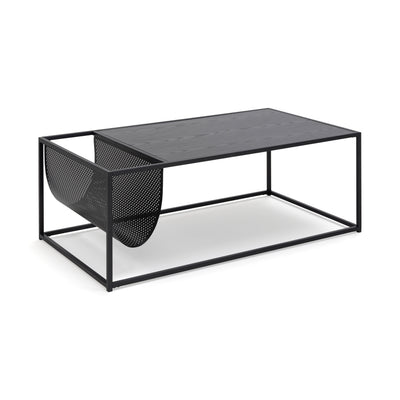 Skeleto-salontafel 110x60 met tafelblad in zwarte essenhoutlook, schuin gezien – salontafel met vak voor kranten