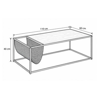 Skeleto-salontafel 110x60 – maatschets met breedte, hoogte en diepte
