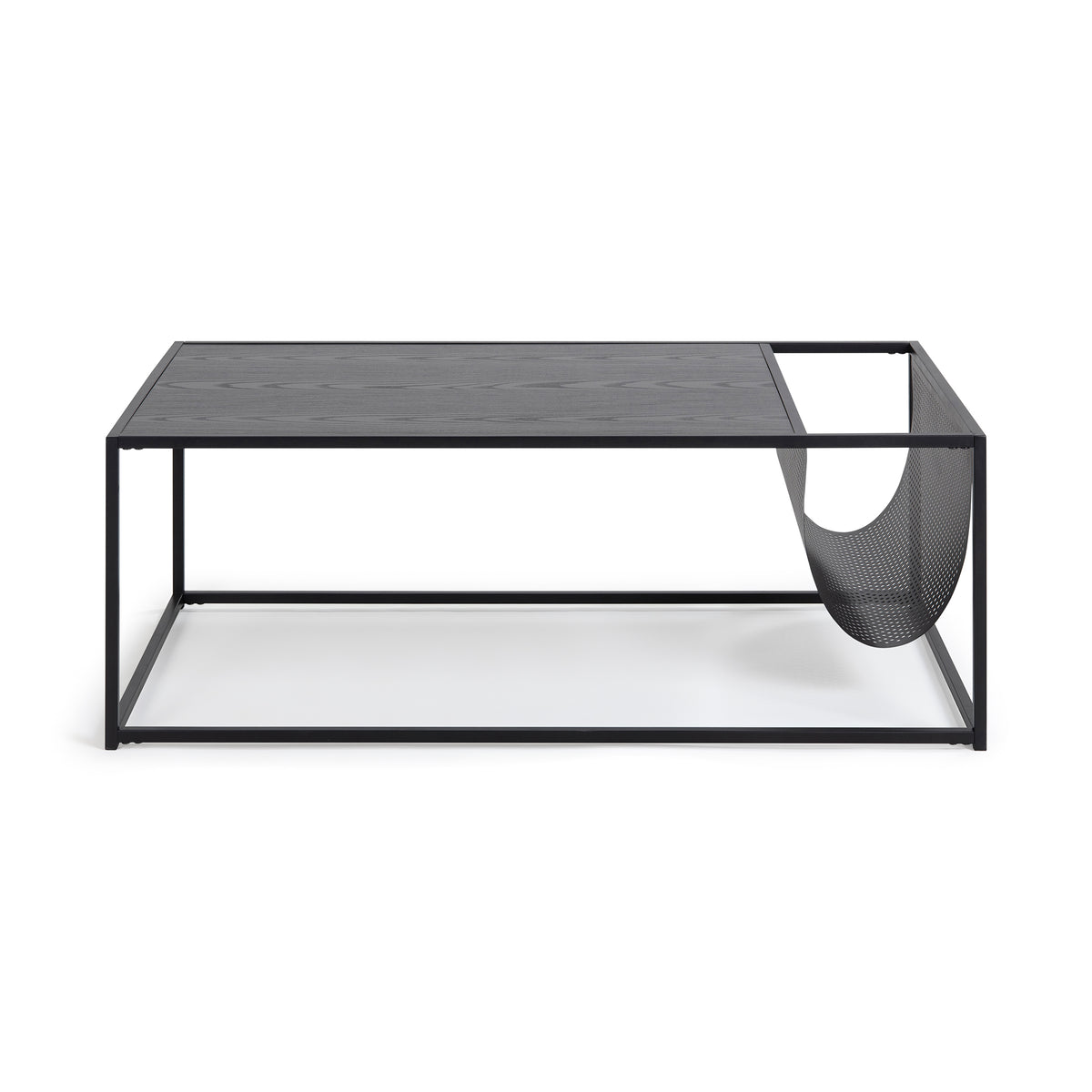 Skeleto-salontafel 110x60, vooraanzicht – zwart stalen frame en geperforeerd vak voor tijdschriften