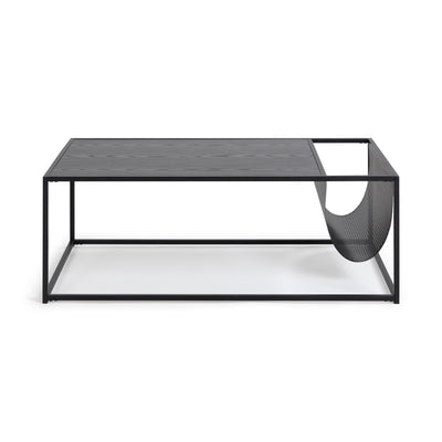 Skeleto-salontafel 110x60, vooraanzicht – zwart stalen frame en geperforeerd vak voor tijdschriften