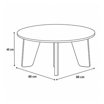 Tendra-salontafel Ø80x45 – maatschets met de breedte, diepte en hoogte van de ronde tafel
