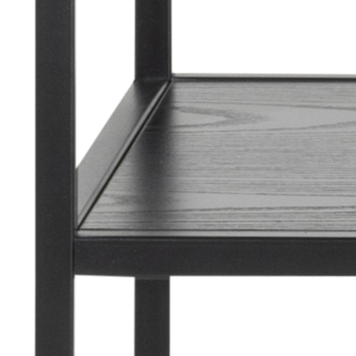 Skeleto-bijzettafel 100x79, zwarte melamine – close-up van het blad met de nerf van zwart essenhout