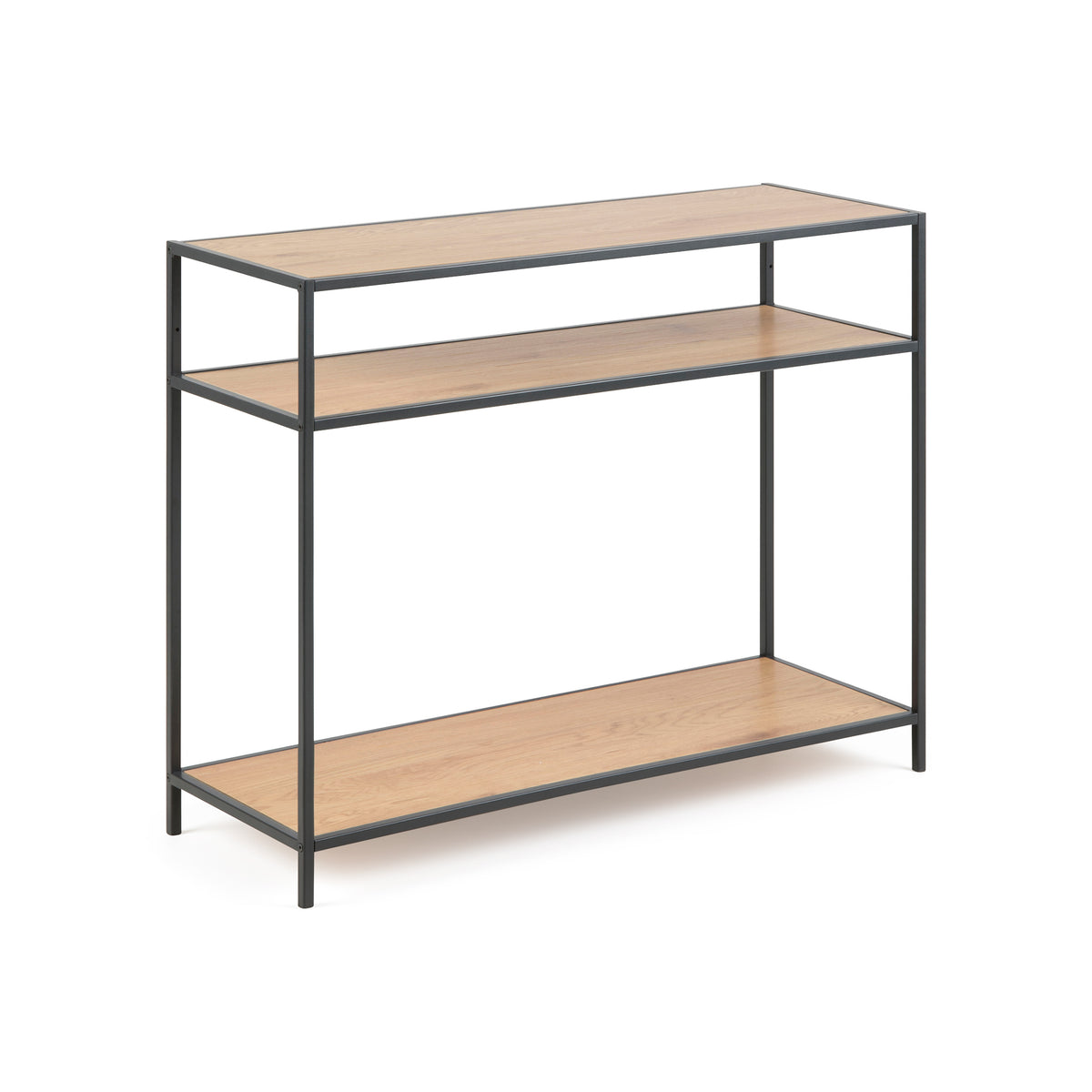 Skeleto-bijzettafeltje 100x79 Wild Eiken met schuine randen – tafelblad en twee planken in eikenhoutdecor, zwart stalen frame