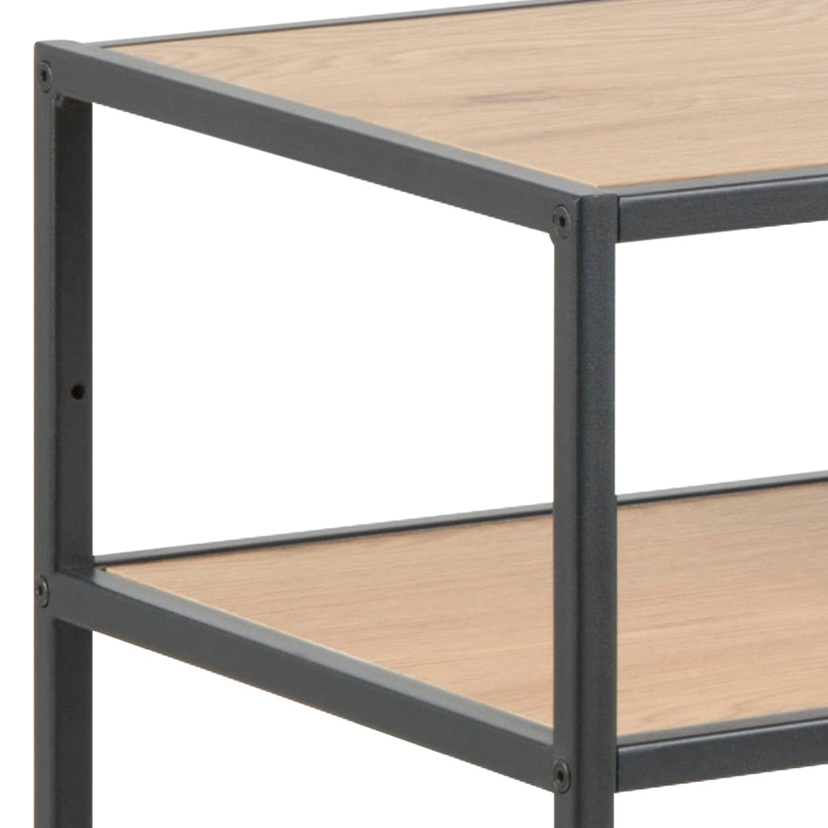 Skeleto-console 100x79 Wild Eiken – close-up van de hoek van het frame met het tafelblad en de plank in de afwerking ‘Wild Eiken’
