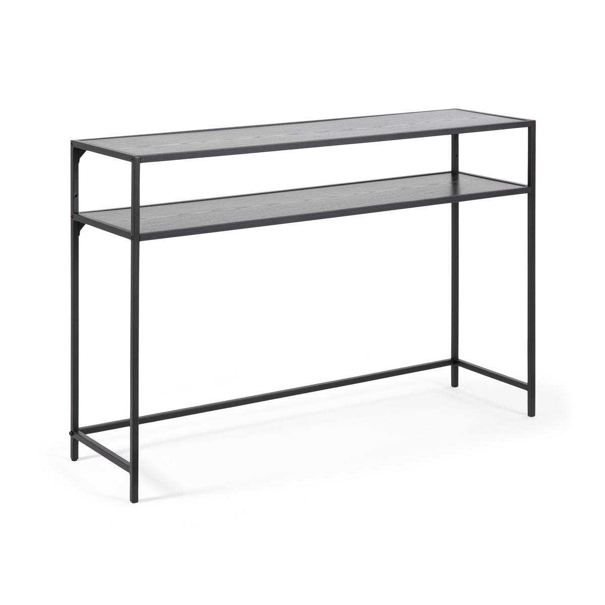 Skeleto-bijzettafel 120x79, zwarte melamine met schuine randen – tafelblad en plank in zwarte essendecor