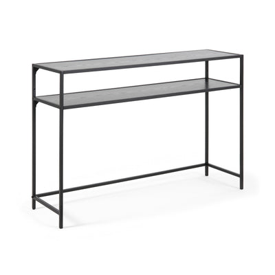 Skeleto-bijzettafel 120x79, zwarte melamine met schuine randen – tafelblad en plank in zwarte essendecor