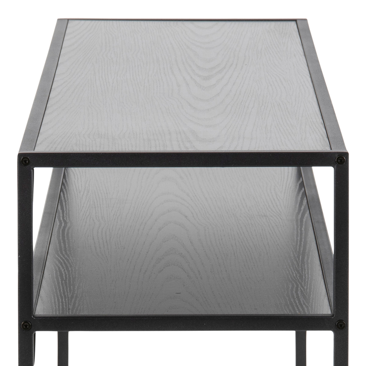 Skeleto-bijzettafel 120x79, zwarte melamine – close-up van de nerf van zwart essenhout in een stalen frame