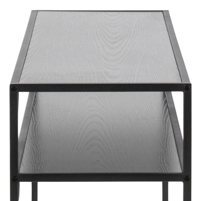 Skeleto-bijzettafel 120x79, zwarte melamine – close-up van de nerf van zwart essenhout in een stalen frame