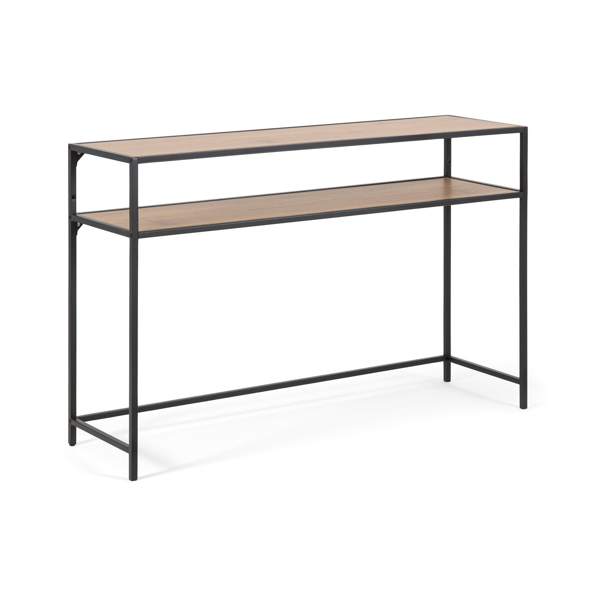 Skeleto-bijzettafel 120x79, wild eiken met schuine randen – tafelblad en plank in eikenlook, met een zwart stalen frame