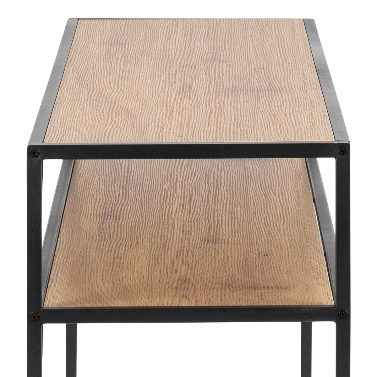 Skeleto-console 120x79 Wild Eiken – close-up van de structuur van het eikenhoutmotief op het blad en de plank, en het zwarte frame