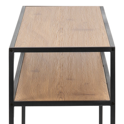 Skeleto-console 120x79 Wild Eiken – close-up van de structuur van het eikenhoutmotief op het blad en de plank, en het zwarte frame
