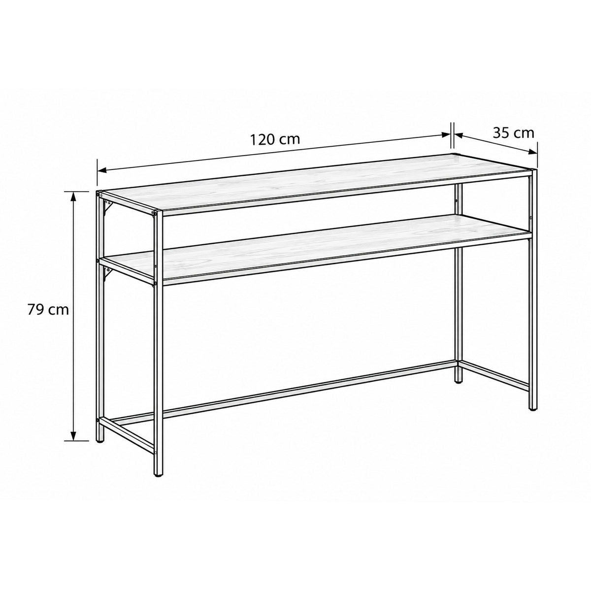 Skeleto-bijzettafel 120x79 – maatschets met breedte, hoogte en diepte