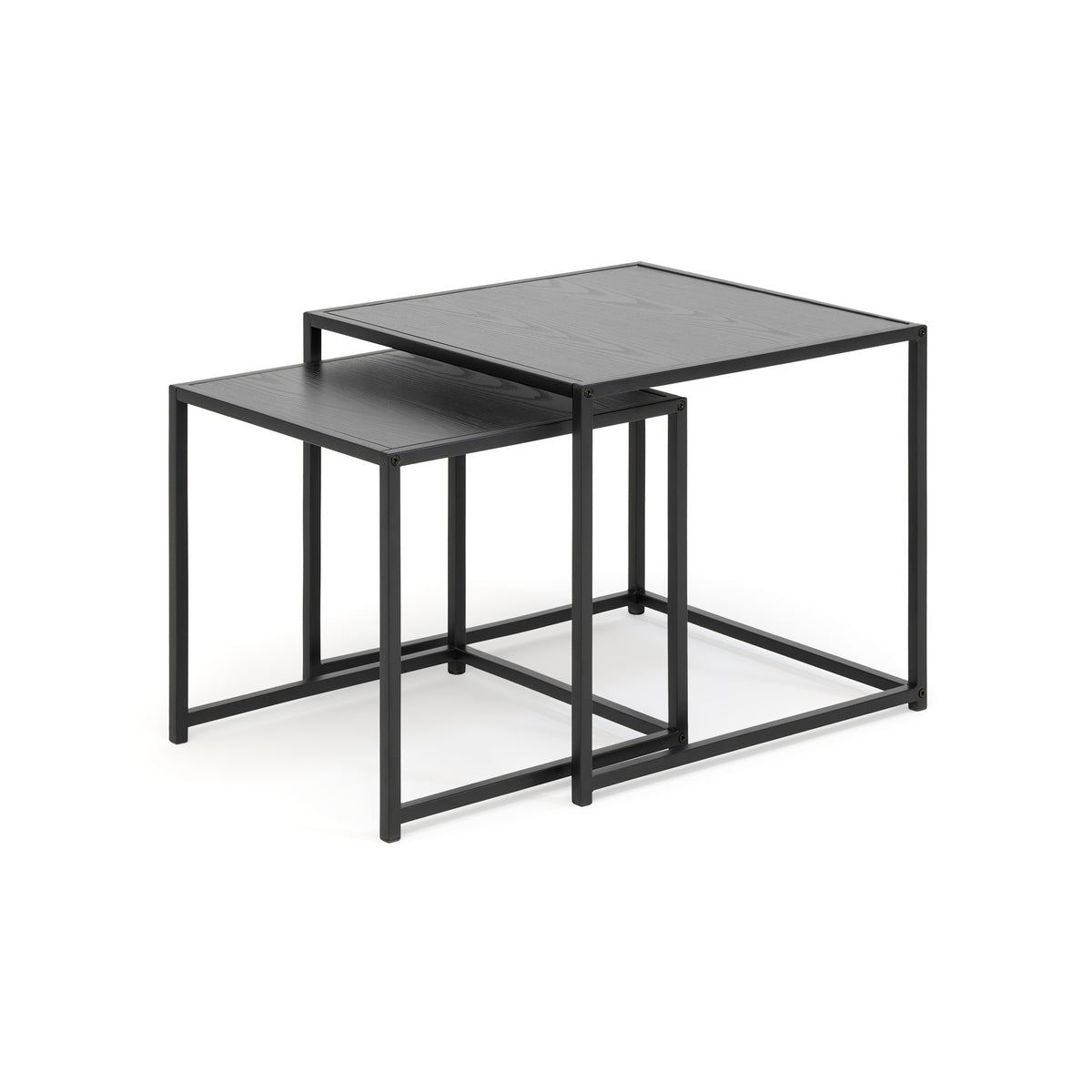 Set van 2 Skeleto-salontafels 50x45, zwart melamine met schuine randen – zwarte in elkaar schuifbare tafels in loftstijl