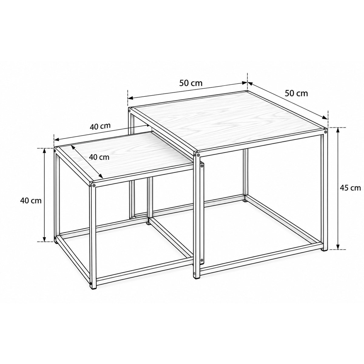Set van 2 Skeleto-salontafels 50x45 en 40x40 – maatschets met breedte, hoogte en diepte