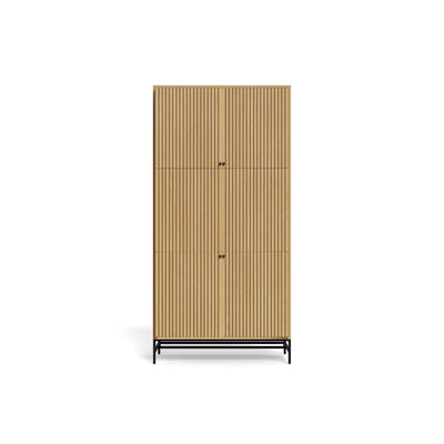 Bambouz-kast 99x200 aan de voorkant – lamellendeuren in eikenhoutdecor met ronde zwarte knoppen