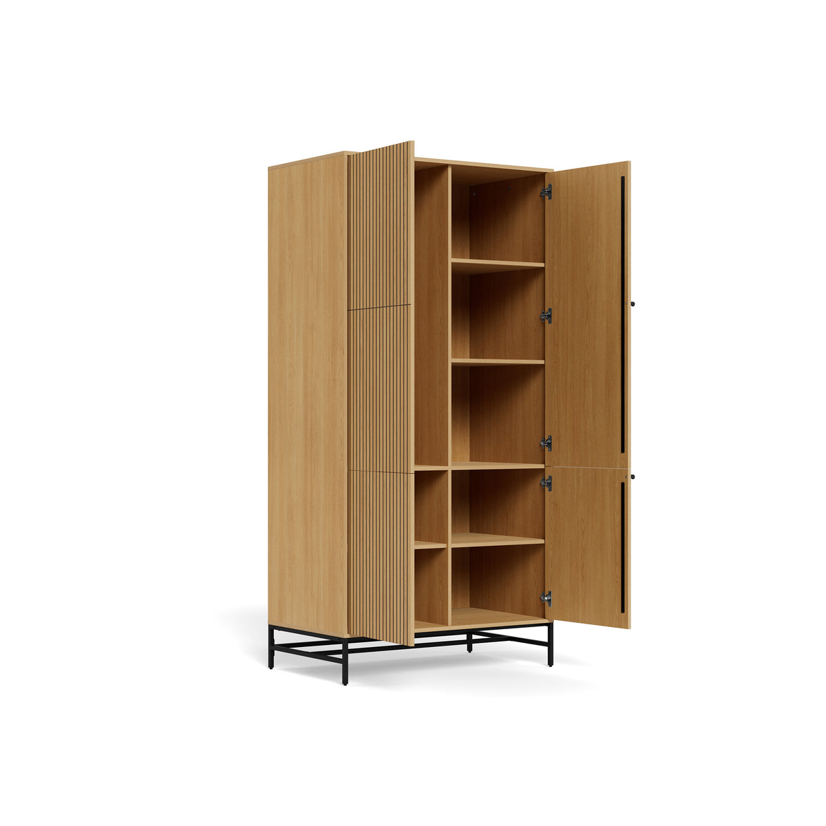 Bambouz-kast 99x200 met open deuren – binnenkant met planken, kast met planken en een kledingstang