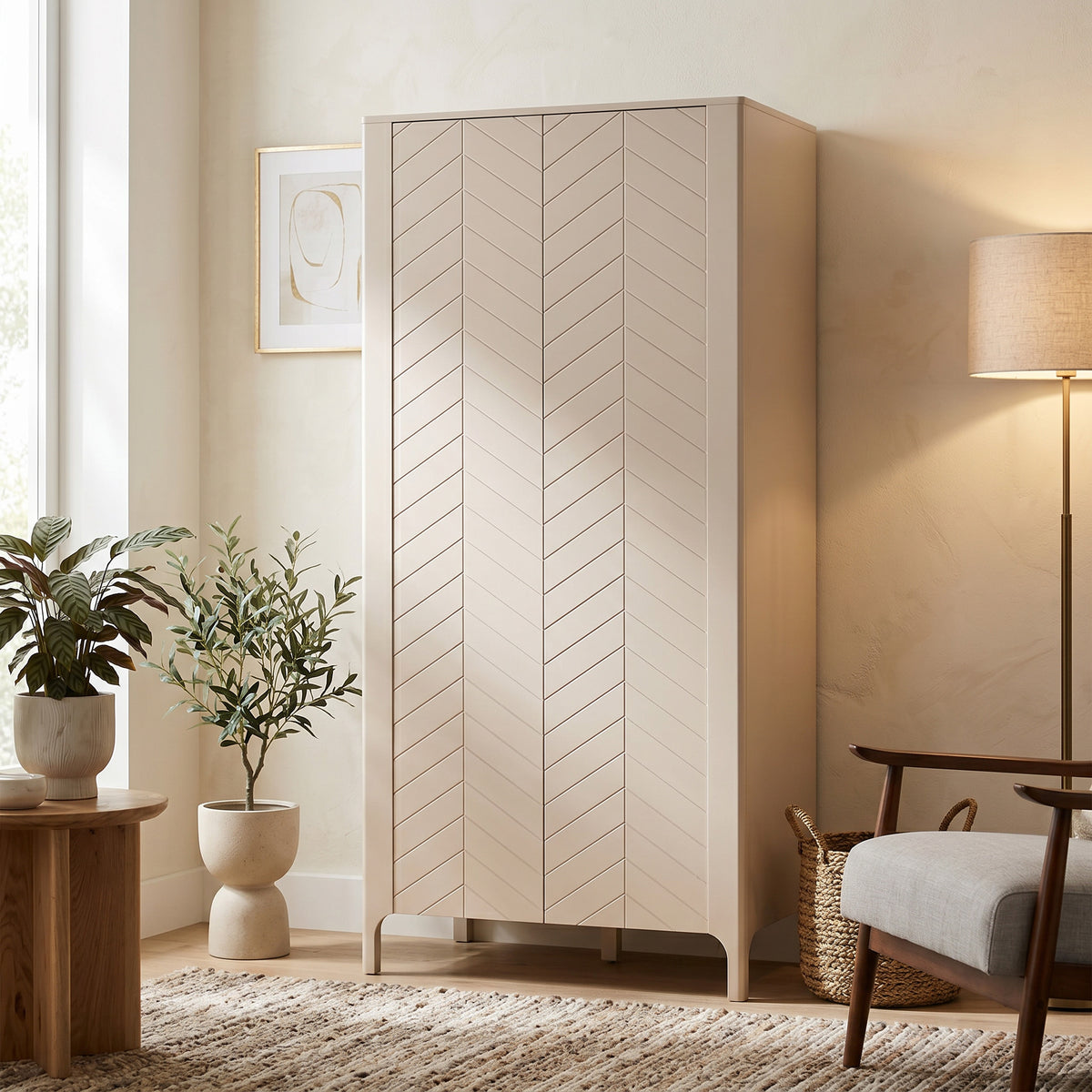 EKLIPSO-kast 90x197 met visgraatfronten in moderne stijl, kleur kasjmier - in een interieur | Pillovely