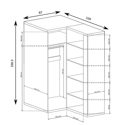Hoekkledingkast Korin 109x201 – maattekening met breedte, hoogte en diepte