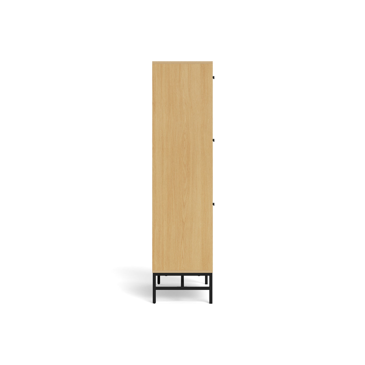 Schoenenkast Bambouz 99x141 – zijaanzicht van de kast in eikenhoutdecor met zwarte stalen poten