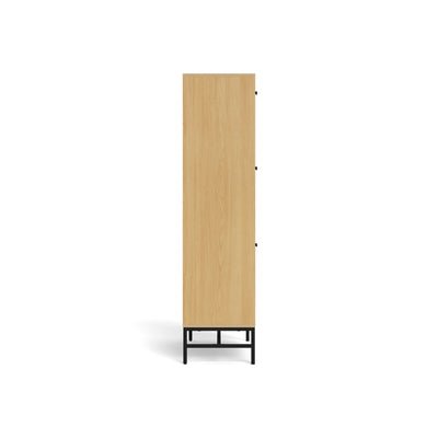 Schoenenkast Bambouz 99x141 – zijaanzicht van de kast in eikenhoutdecor met zwarte stalen poten
