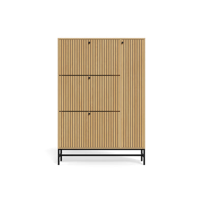 Bambouz schoenenkast 99x141 aan de voorkant – drie kantelbare vakken en deuren met lamellenfront in eikenhoutdecor