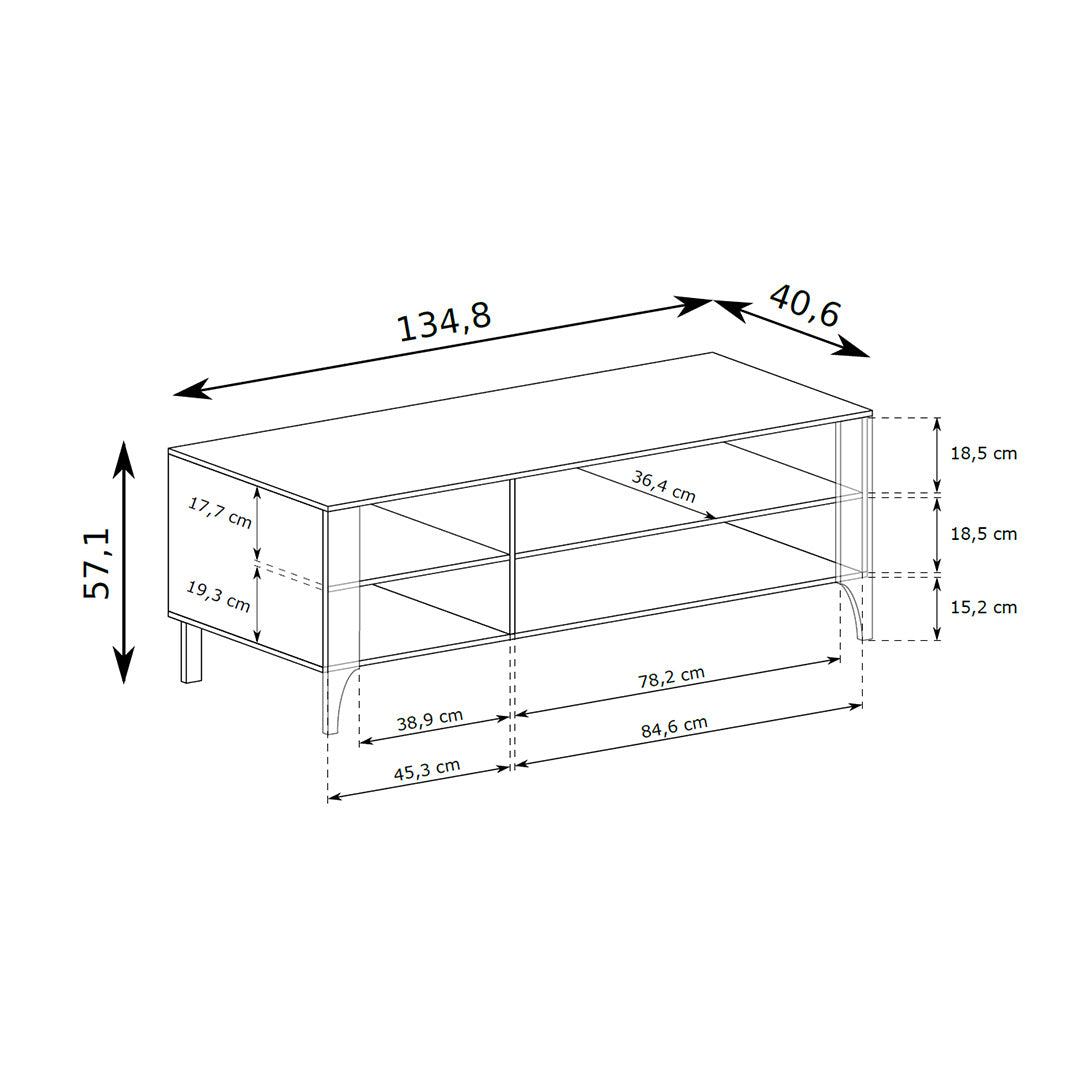 RTV-kast EKLIPSO 135x57 met een open plank in moderne stijl - maattekening | Pillovely
