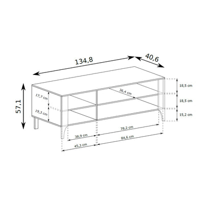 RTV-kast EKLIPSO 135x57 met een open plank in moderne stijl - maattekening | Pillovely