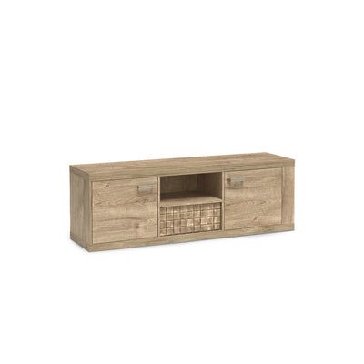 Tv-meubel Korin 151x51 in eiken – tv-meubel met 2 deuren, open vak en lade, schuin aanzicht