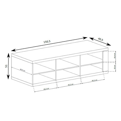Tv-meubel Korin 151x51 – maattekening met breedte, hoogte en diepte