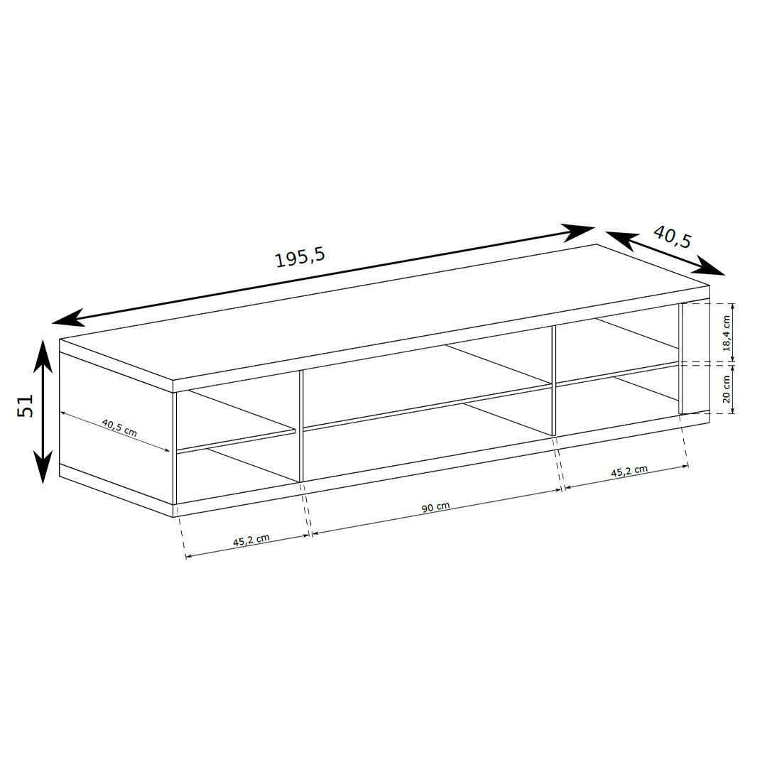 Tv-meubel Korin 196x51 – maattekening met breedte, hoogte en diepte