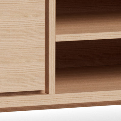 Lurisse tv-kast 160x50 gebleekt eiken – close-up van de nerfstructuur van het fineer, de voorkant van de lade en de plank in de nis