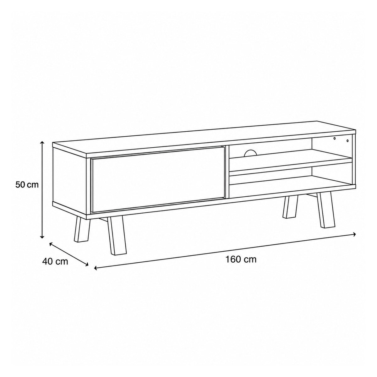 Lurisse tv-kast 160x50 – maatschets met breedte, hoogte en diepte