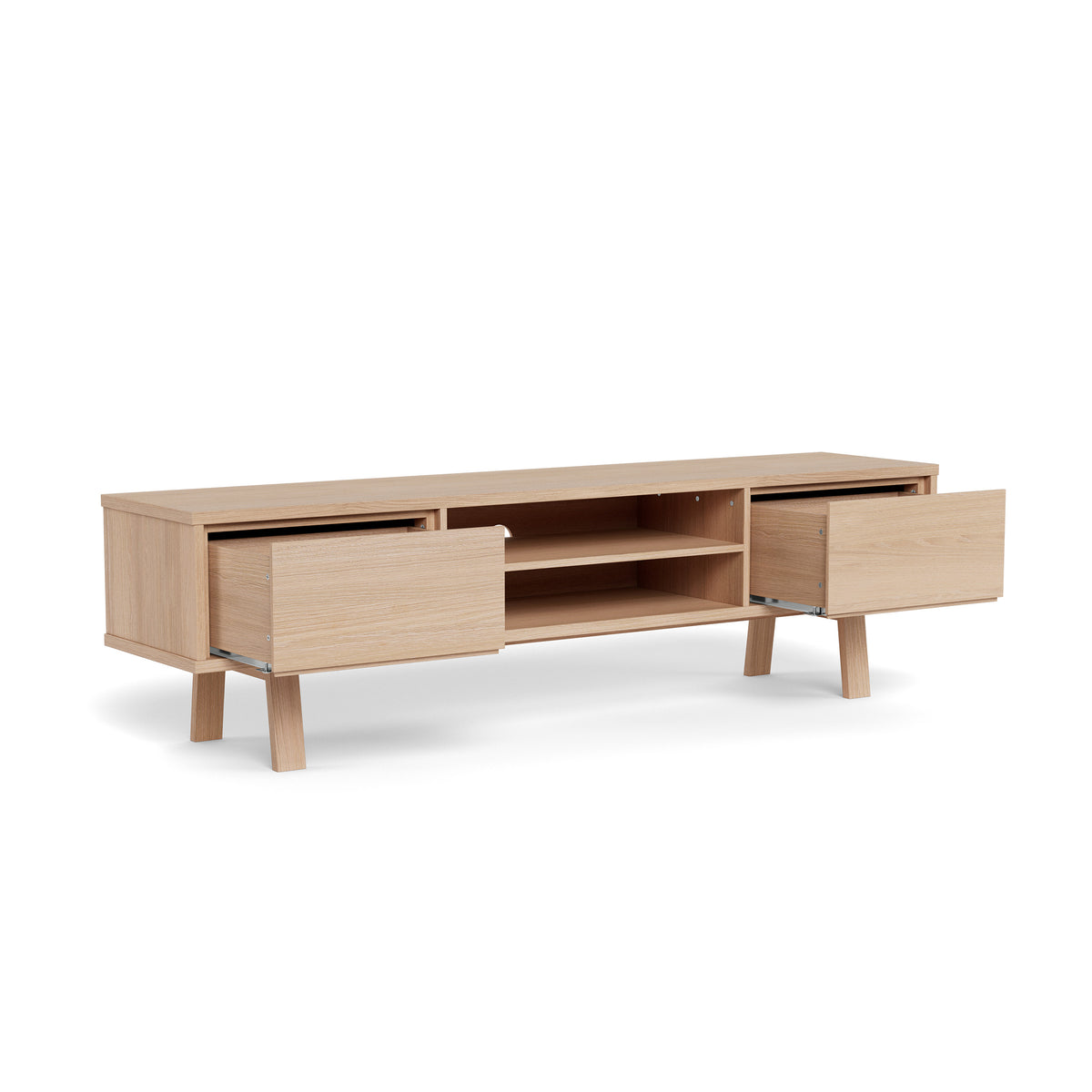Lurisse tv-kast 180x50, gebleekt eiken met uittrekbare lades – ruime tv-kast met push-to-open-functie