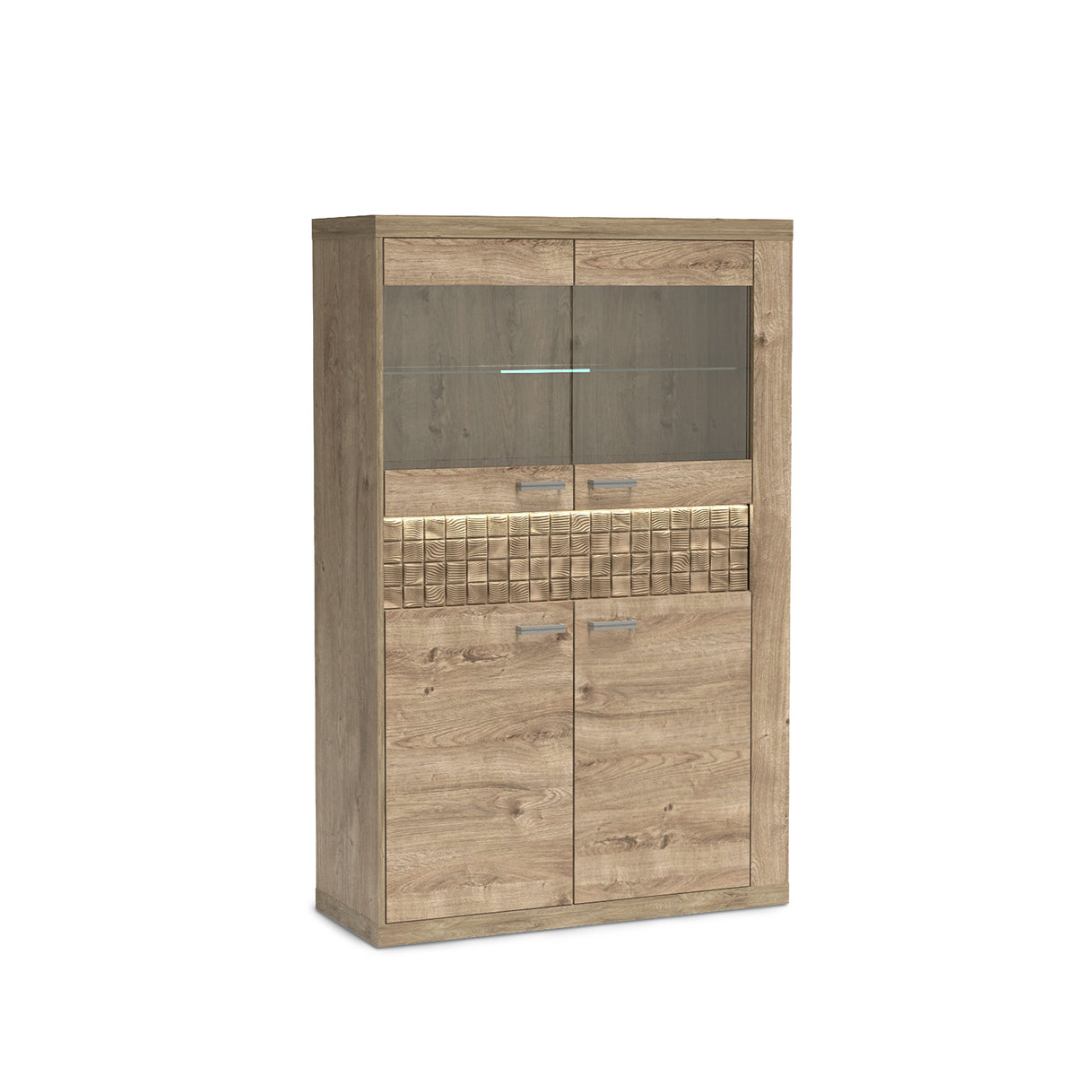 Vitrinekast Korin 102x160 met LED – verlichte glazen plank en front, vitrinekast met LED-verlichting