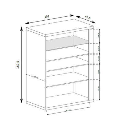 Vitrinekast Korin 102x160 – maattekening met breedte, hoogte en diepte