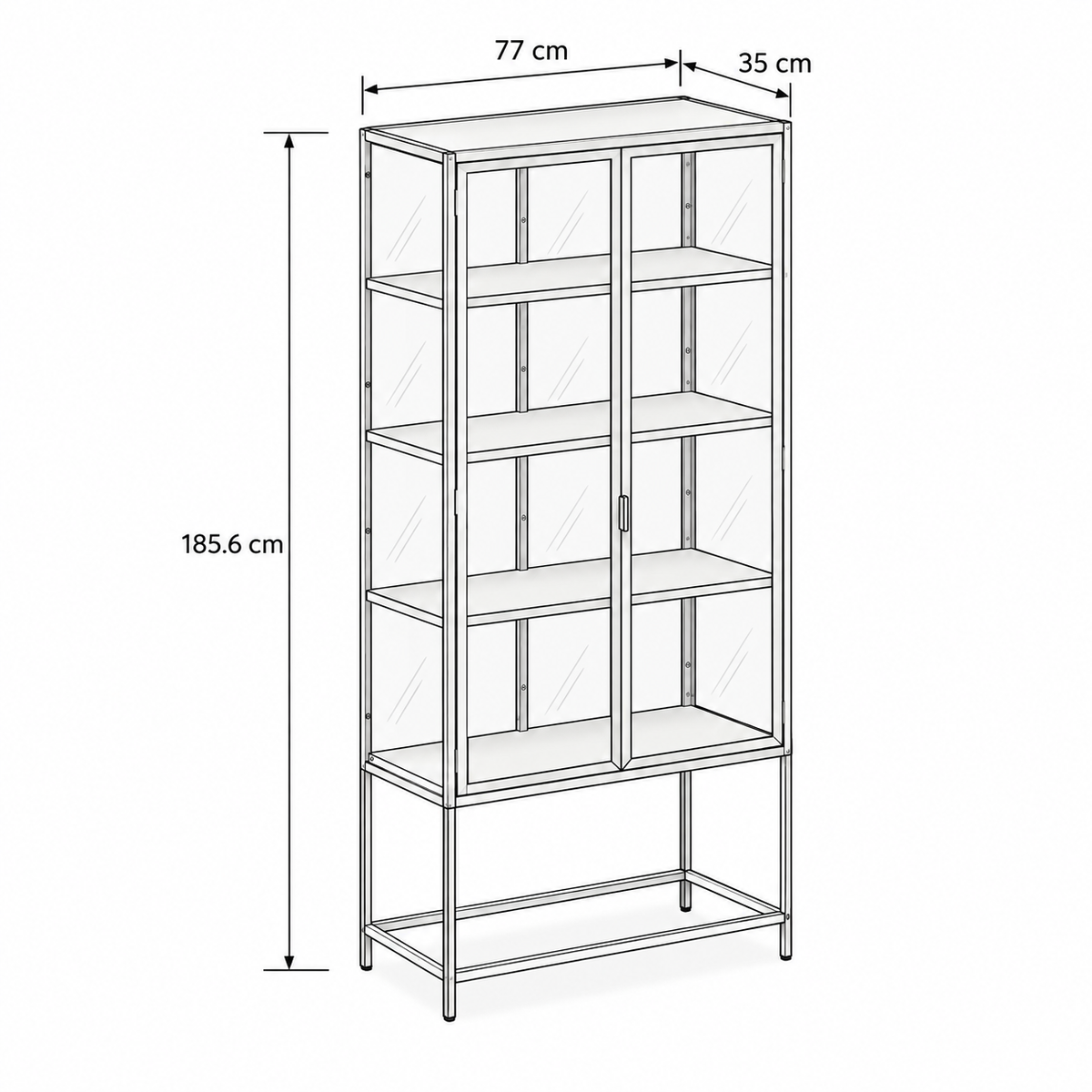 Vitrine Skeleto 77x186 – maatschets met breedte, hoogte en diepte