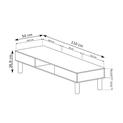 Fjord Coffee Table 110x37 with Open Compartments, Scandinavian Style – dimensions drawing