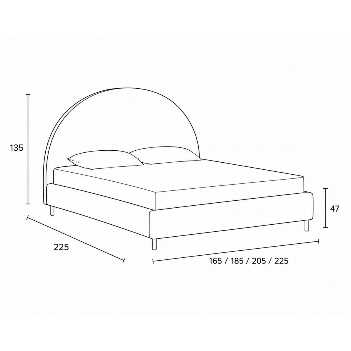 Zora Upholstered Ottoman Bed with a Semicircular Headboard and Storage, Soft Modern Style – dimensions drawing