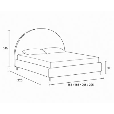 Zora Upholstered Ottoman Bed with a Semicircular Headboard and Storage, Soft Modern Style – dimensions drawing