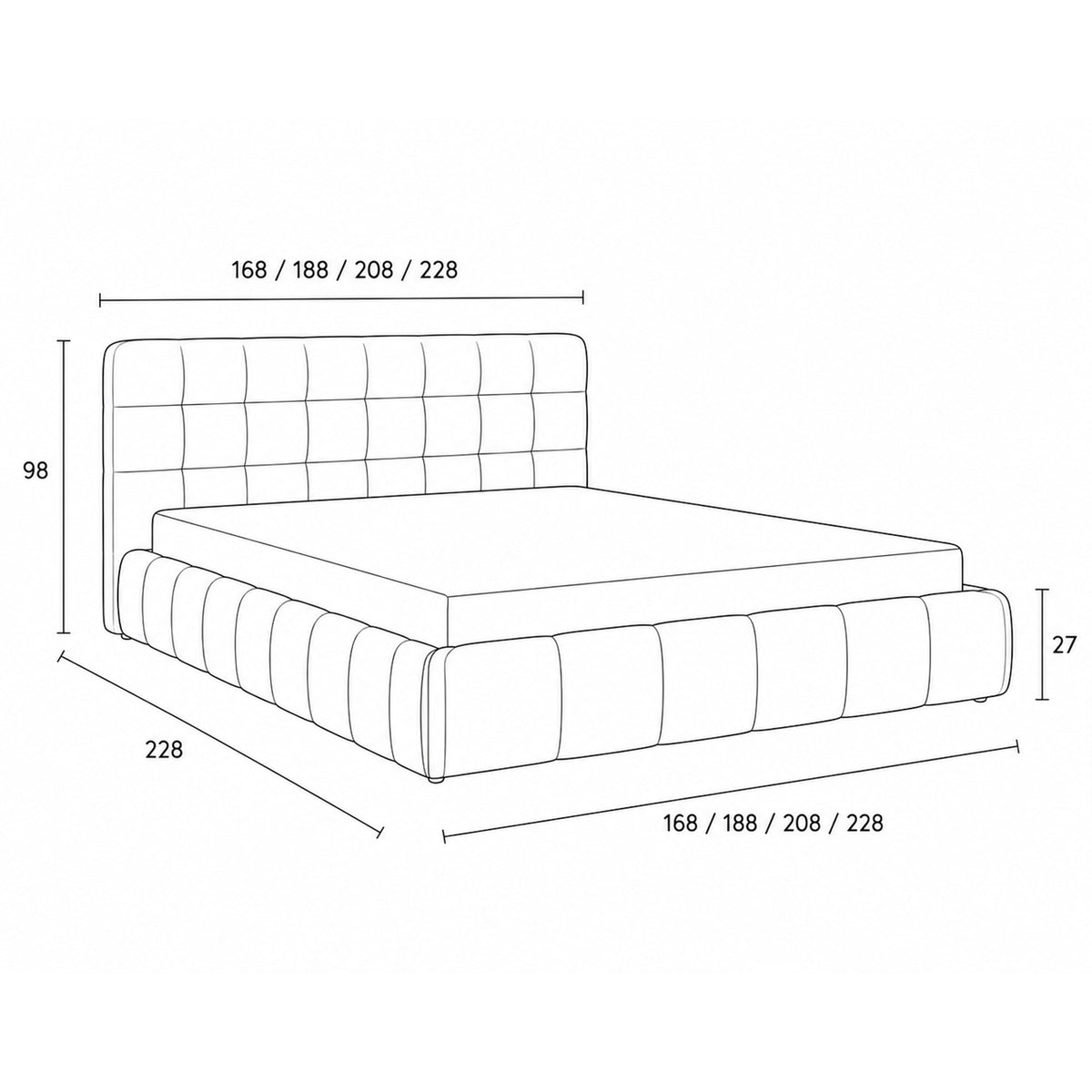 Gestoffeerd bed Talaro met capitonnage en een laag frame in moderne stijl - tekening met afmetingen