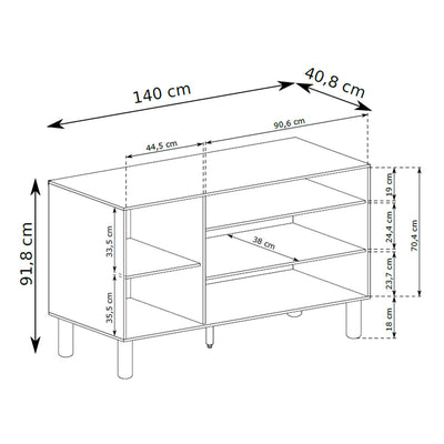 Fjord 3-door Sideboard 140x92 with an Open Compartment, Scandinavian Style – dimensions drawing
