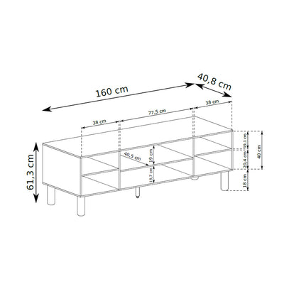 Fjord TV Unit 160x62 with Spacious Storage Compartments, Scandinavian Style – dimensions drawing